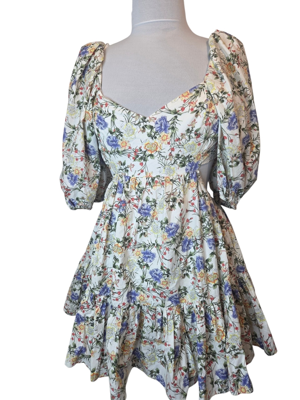 Harp & Finn Mable Floral Open Back Mini Dress W/Puff Sleeves & Ruffle Women's M - Picture 3 of 16